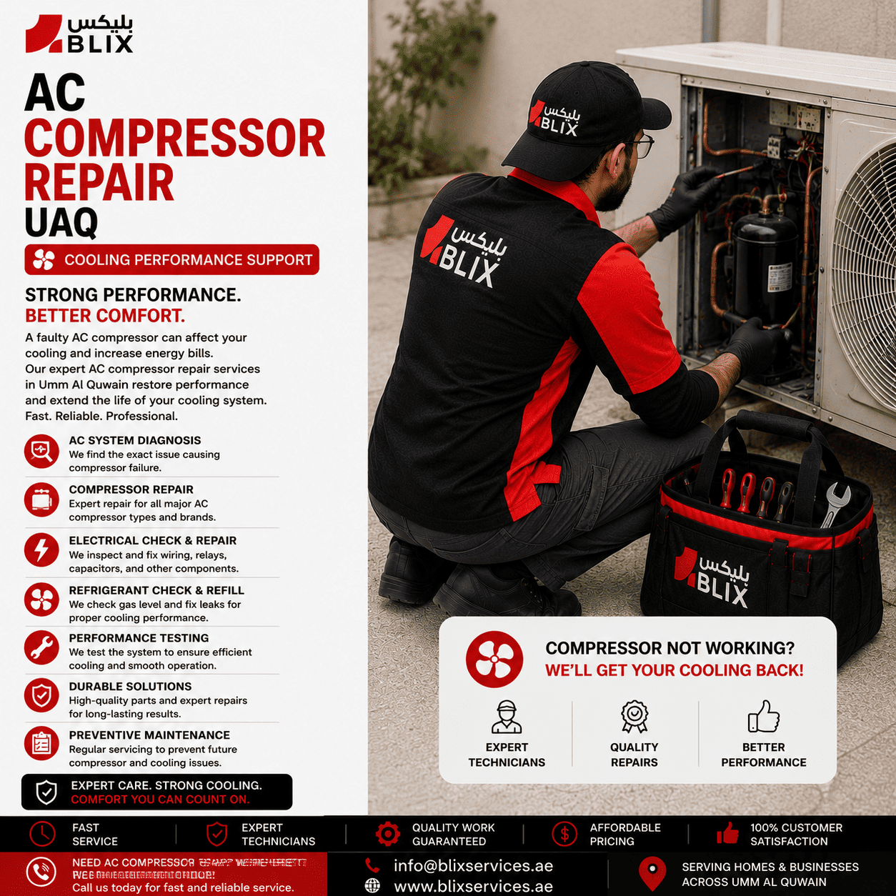 AC compressor repair UAQ technician servicing an outdoor air conditioning compressor in Umm Al Quwain