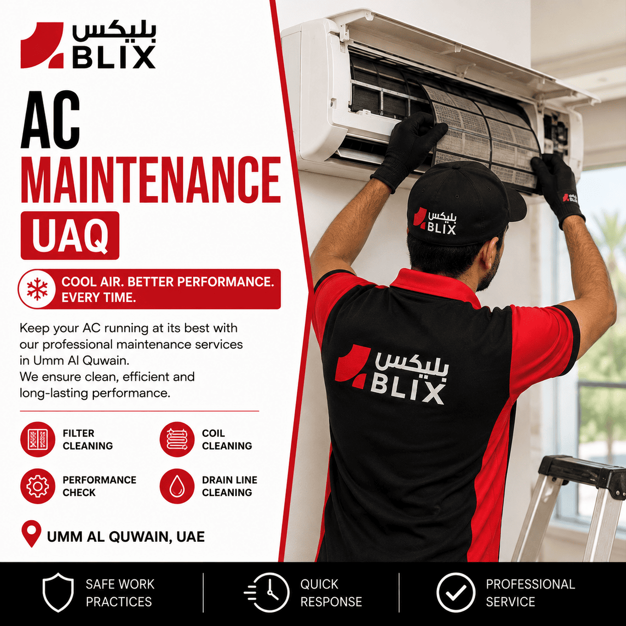 AC maintenance UAQ technician servicing an air conditioning unit in Umm Al Quwain