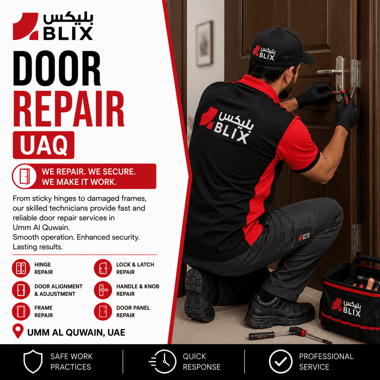 Door repair UAQ technician adjusting a damaged door in an Umm Al Quwain property