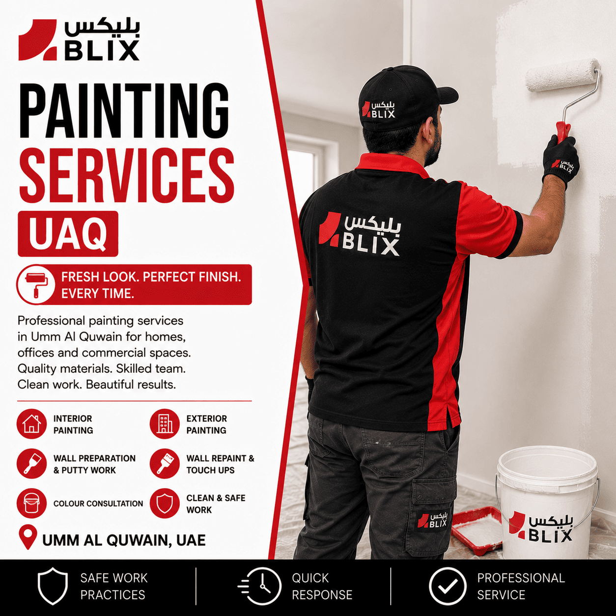 Painting services UAQ technician preparing and painting an interior wall in Umm Al Quwain