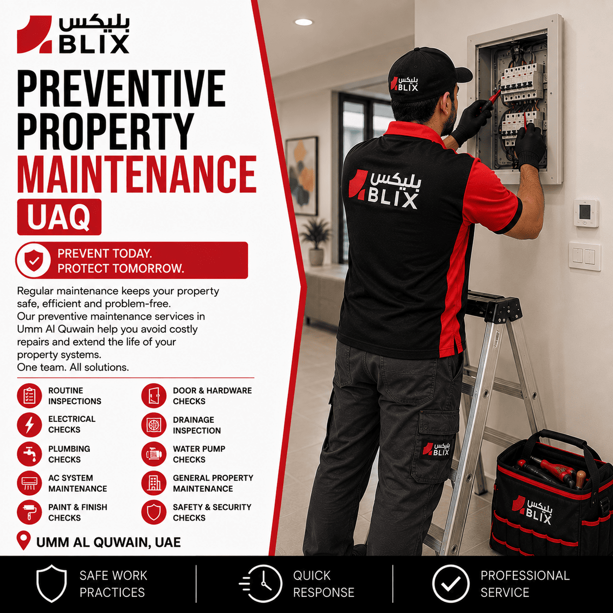Preventive property maintenance UAQ technician inspecting building systems in Umm Al Quwain