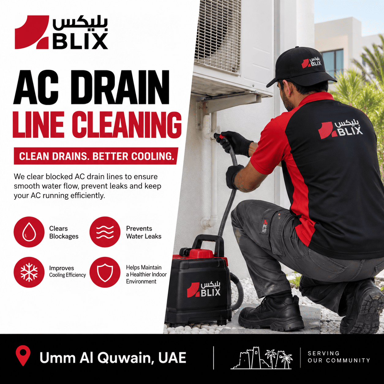 AC drain line cleaning UAQ technician clearing an air conditioning condensate drain in Umm Al Quwain
