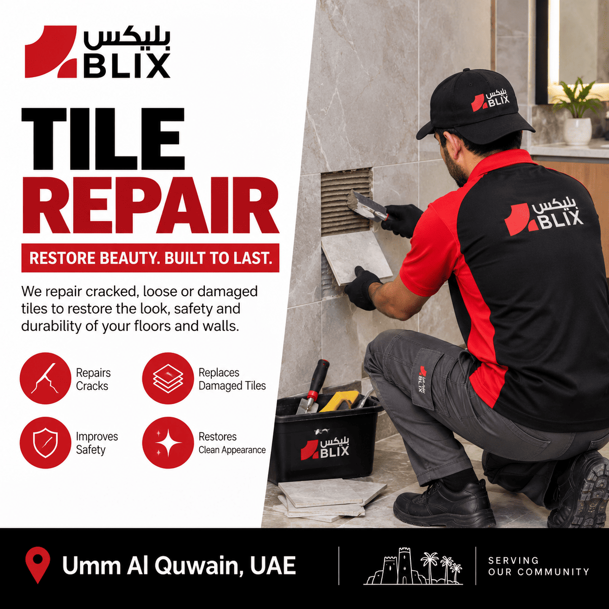 Tile repair UAQ technician repairing damaged floor tiles in Umm Al Quwain